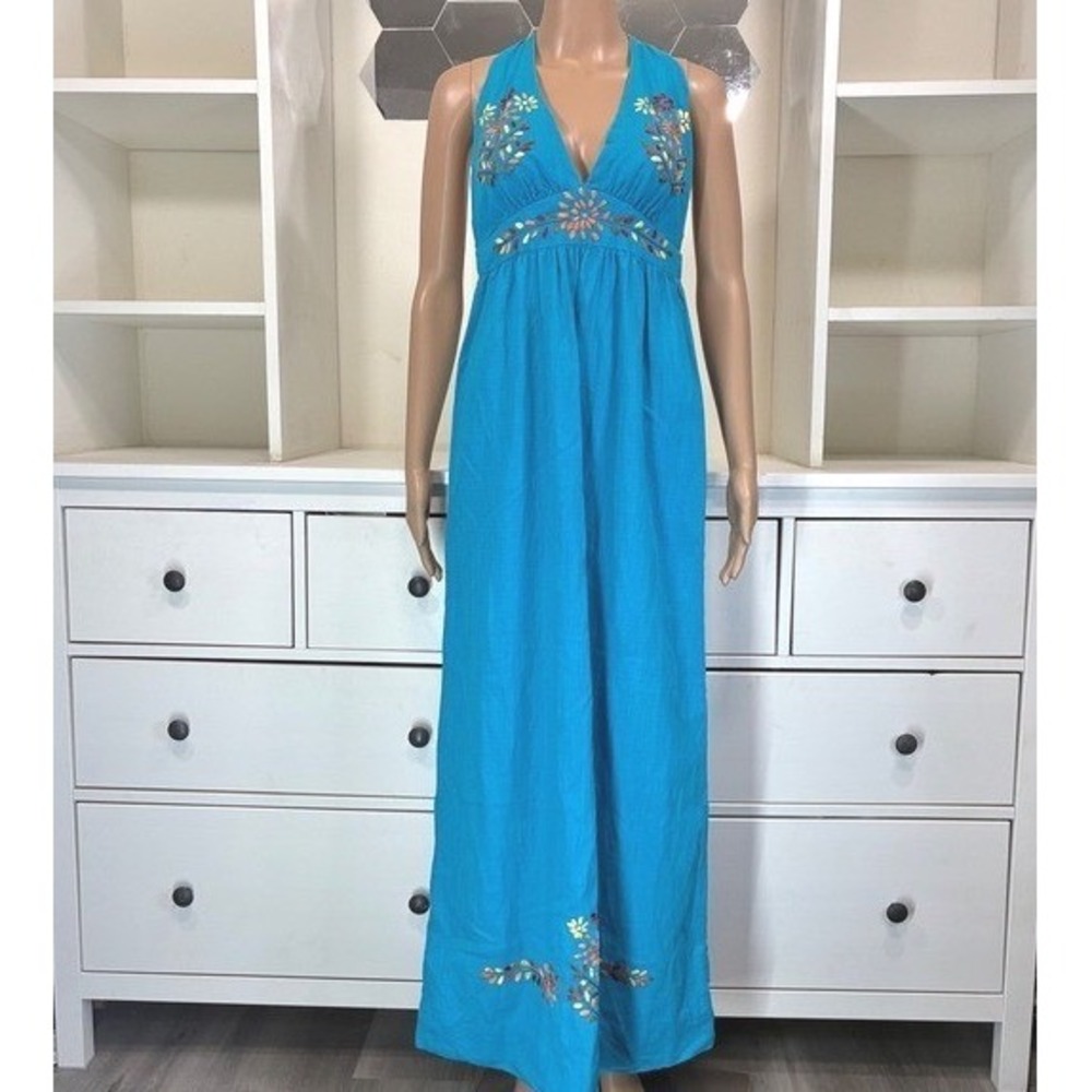 Boho Embroidered Halter Maxi Dress Turquoise Vacation Beach Resort